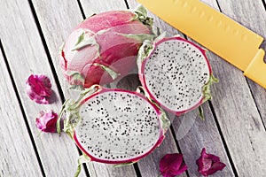 Dragonfruit on white washed wood planks