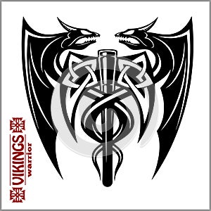 Dragons and axe - viking emblem - vector illustration