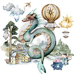 Dragons and castle watercolor illustration. Fairy tale print