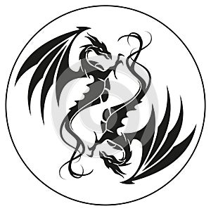 Dragons in a circle - Dragon symbol tattoo, black and white vector illustration