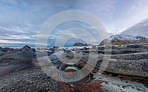 The Dragons Eye is a unique natural rock formation at Uttakleiv Beach, Lofoten Islands, Norway, Scandinavia