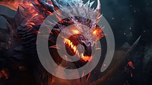 Dragons head with glowing eyes and fire created with Generative AI. Big dangerous creature.