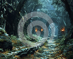 Dragons lair hidden in a mystical forest photo