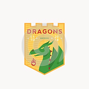 Dragons Medeival Sports Team Emblem. Abstract Vector Sign, Symbol or Logo Template. Mythical Reptile in a Shield with