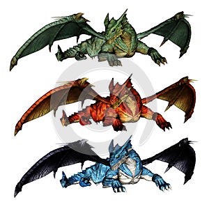 Dragons with outstretched wings in green red and blue