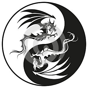 Dragons in Yin and yang circle - Dragon symbol tattoo, black and white vector illustration