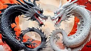 Dragons Yin and Yang, warriors of opposites. Two fantastic Chinese dragons. cyclic video