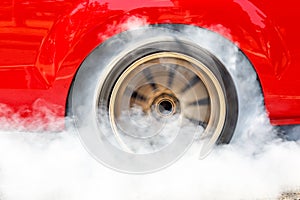 Dragster Car Burn Out Rear Tyre With Smoke.