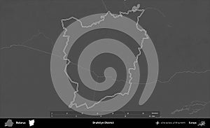 Drahicyn District outlined, Belarus. Grayscale