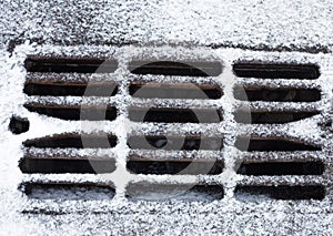 Drain grate covered with snow