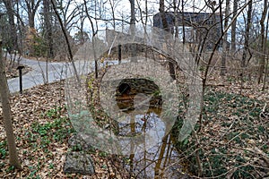 A drain pipe with water flowing out sounded by stones, fallen autumn leaves and lush green plants and bare winter trees