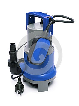 Drain pump with biue plastic housing on white