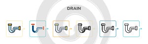 Drain vector icon in 6 different modern styles. Black, two colored drain icons designed in filled, outline, line and stroke style