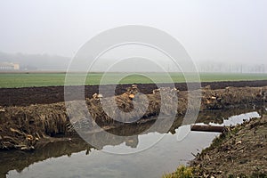 Drainage channel and a stream of water between fields on a foggy day in the italian countryside