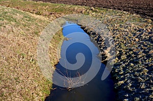 Drainage drainage reclamation channel is an outdated way to lower groundwater levels. dikes of gray stones. supplies water to irri