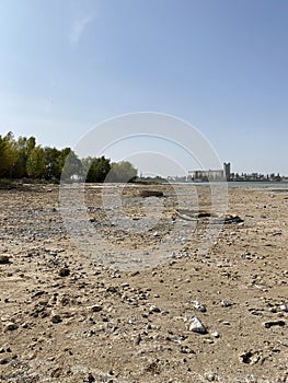 Drained muddy bottom with garbage from the Tsimlyansk reservoir. The problem of lack of drinking water, death of fish photo