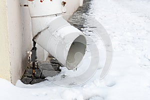 The drainpipes are covered with ice and snow. After a heavy snowstorm, the city is covered with snow and ice. There are many