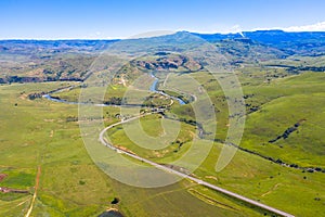 Drakensberg mountains at the border with Lesotho. Rural scenery from the spectacular landscape of South Africa. Aerial view.