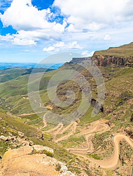 The famous Sani mountain pass dirt road with many tight curves connecting Lesotho and South Africa