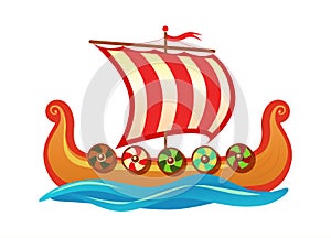 Drakkar - Scandinavian longship of Vikings - Vector colorful Cartoon icon illustration for Travel tour agency.