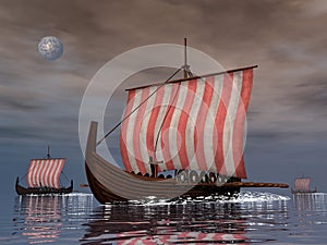 Drakkars or viking ships - 3D render
