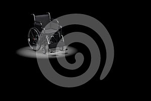 Drama Concept. Empty Wheelchair with Spotlight. 3d Rendering