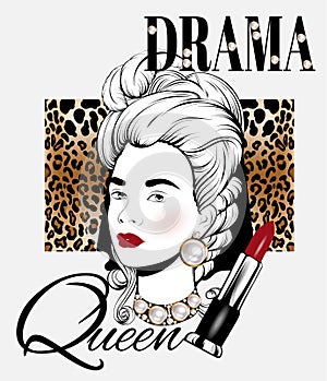 Drama queen. Vector hand drawn illustration of girl in wig with pomade isolated.