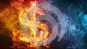 A dramatic 3D animation depicts a neon-lit dollar sign emerging from dark, swirling smoke, symbolizing financial power