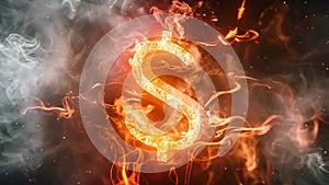 A dramatic 3D animation depicts a neon-lit dollar sign emerging from dark, swirling smoke, symbolizing financial power