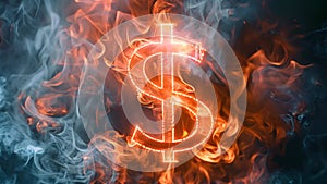 A dramatic 3D animation depicts a neon-lit dollar sign emerging from dark, swirling smoke, symbolizing financial power