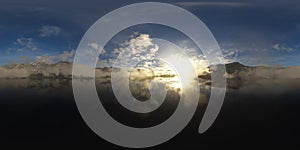 Dramatic Aerial Panorama of Clouds and Mountain Landscape. Nature Background.