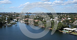 Dramatic aerial view of Fort Lauderdale's skyline and waterway canals