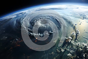 A dramatic aerial view of a hurricane swirling over the ocean, showing the massive storm system as it approaches a coastline,