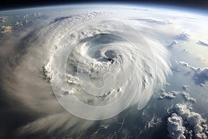 A dramatic aerial view of a hurricane swirling over the ocean, showing the massive storm system as it approaches a coastline,