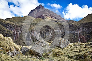 Dramatic Andes mountain scenery in the Quesqa Valley. Ancascocha, Cusco, Peru photo