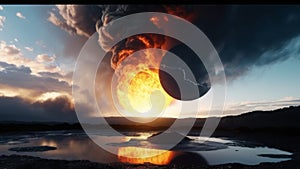Dramatic apocalyptic landscape with a fiery explosion