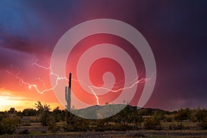 Dramatic Arizona desert sunset with lightning