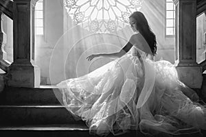 Dramatic art portrait of beautiful asian female model in wedding dress
