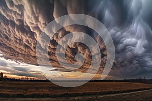 Dramatic asperatus clouds in the sky created with generative AI technology