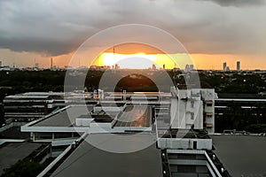 Dramatic atmosphere panorama aerial view of tropical sunset sky.