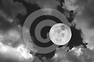 Dramatic atmosphere panorama view of beautiful full moon and clouds on night sky background in Black and white.Image of moon furn