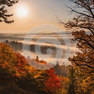 Dramatic autumn sunrise over a picturesque valley landscape featuring fog, AI-generated.