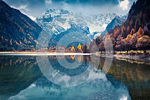 Dramatic autumn view of Braies Lake. Colorful morning scene of Italian Alps, Naturpark Fanes-Sennes-Prags, Dolomite, Italy, Europe