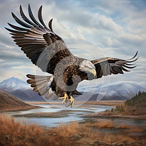 Dramatic Bald Eagle Flying Painting With Celtic Art Influence