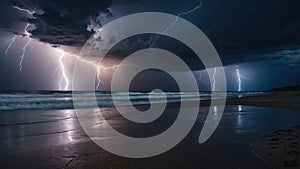 Dramatic Lightning Strikes Over Ocean Beach at Night