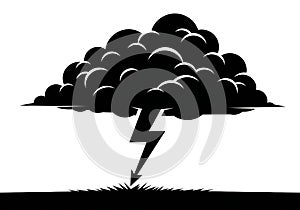 A dramatic black cloud with a lightning bolt striking the ground