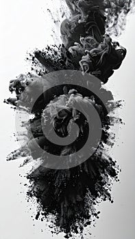 Dramatic Black Smoke Cloud Explosion Against White Background With Tiny Particles