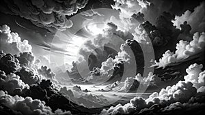 Dramatic black and white clouds with bright sunlight breaking through.