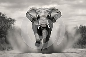 dramatic black and white image of a charging bull elephant