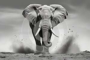 dramatic black and white image of a charging bull elephant